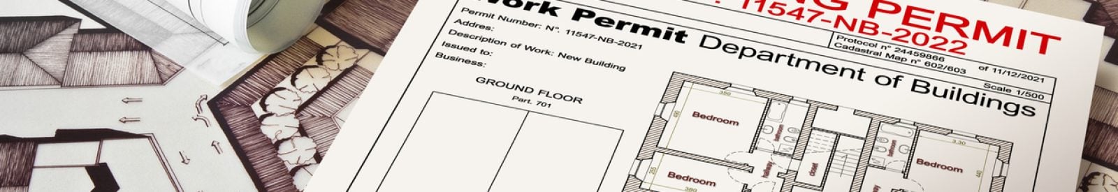 BUILDING PERMIT CONCEPT IN BUILDINGS ACTIVITY AND CONSTRUCTION INDUSTRY with residential building project, imaginary cadastral map and General Urban Plan